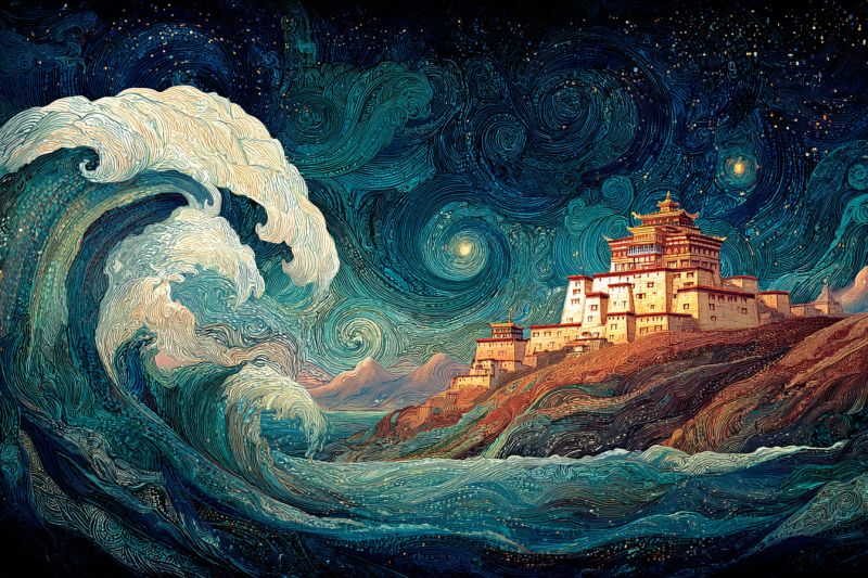 Painting night sky stars waves building architecture mountains ocean sea water dark lighthouse tower cliff rock land The painting depicts a dramatic scene with a large, powerful wave crashing towards the shore. The wave is depicted with swirling, dynamic lines that give it a sense of motion and energy. The sky above is filled with swirling patterns of stars and clouds, creating a sense of depth and movement. In the background, there is a large building with a tower, possibly a castle or a monastery, perched on a cliff overlooking the sea. The building is illuminated by the light of the moon, which is shining brightly in the sky. The overall effect of the painting is one of power, majesty, and awe, as if the viewer is witnessing a natural force of incredible magnitude.