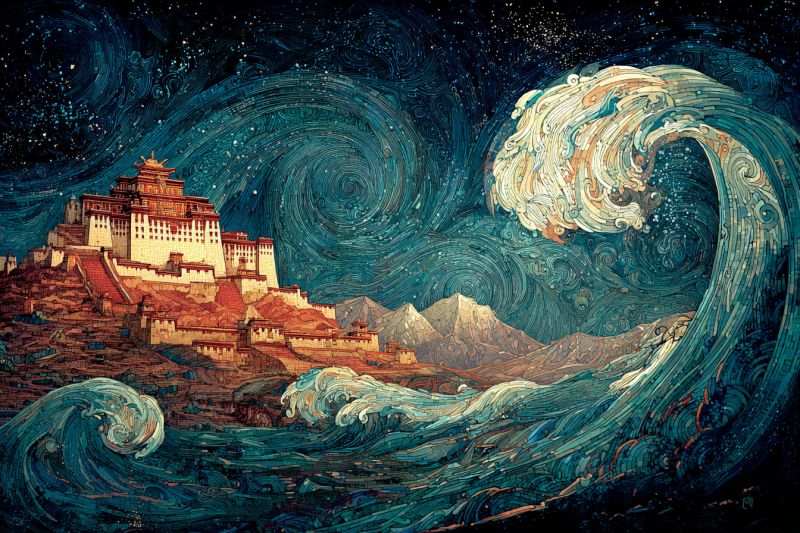 Architecture batiment montagne eau vagues ocean ciel nuit etoiles reflexion fantaisie imagination Grand, ancien bâtiment, probablement un temple, situé sur une colline rocheuse. Le bâtiment est orné de couleurs rouge et blanche, et il a une structure semblable à une pagode en haut. Le temple est entouré par une vaste mer tumultueuse, avec des vagues s'écrasant contre la base de la colline. Le ciel au-dessus est d'un bleu profond, tourbillonnant avec des étoiles et une galaxie, créant une scène de nuit fascinante. Les vagues sont représentées dans un style dynamique, presque abstrait, avec des motifs tourbillonnants et des nuances de bleu et de vert. L'atmosphère générale est celle de l'émerveillement et de l'étonnement, mêlant la beauté sereine du temple à l'énergie puissante et chaotique de la mer.