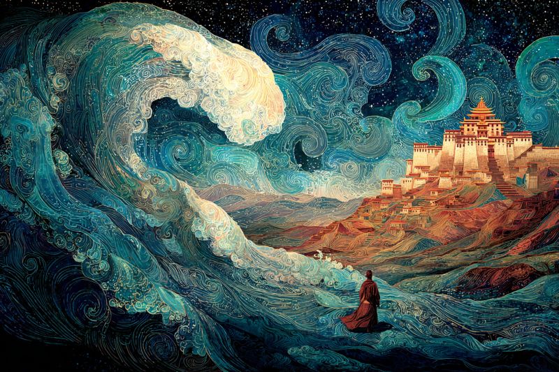 Chateau montagne eau ciel nuit vagues ocean Au premier plan, une silhouette solitaire vêtue d'une robe rouge se tient sur un rivage rocheux, contemplant un vaste océan tourbillonnant. Les vagues sont représentées avec des motifs complexes et tourbillonnants dans des nuances de bleu et de vert, créant un sentiment de mouvement et de profondeur. Derrière les vagues, une majestueuse structure ressemblant à un château s'élève d'une colline, ses flèches et ses murs dorés contrastant avec le ciel sombre étoilé. Le château est entouré de bâtiments plus petits et d'un paysage montagneux, tous rendus dans des tons chauds et terreux. Le ciel est d'un bleu profond, parsemé d'étoiles qui scintillent doucement, ajoutant à l'atmosphère sereine et mystique de la scène.