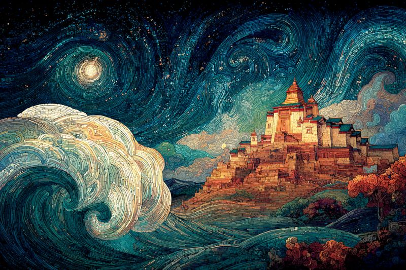 Castle city cloud dark design drawing fantasy imagination medieval mosaic night painting pattern sky tower ight scene with a large, ancient-looking temple perched on a hill. The temple is constructed with a mix of stone and brick, featuring multiple levels and a prominent, pointed tower. The sky above is a deep blue, adorned with swirling patterns that resemble a galaxy or nebula, giving it a mystical appearance. The foreground shows a large wave, its crest illuminated by a bright, circular light, possibly the moon. The wave is composed of intricate, mosaic-like patterns that blend into the surrounding landscape. The temple and the wave are set against a back of dark, textured clouds and a starry sky.