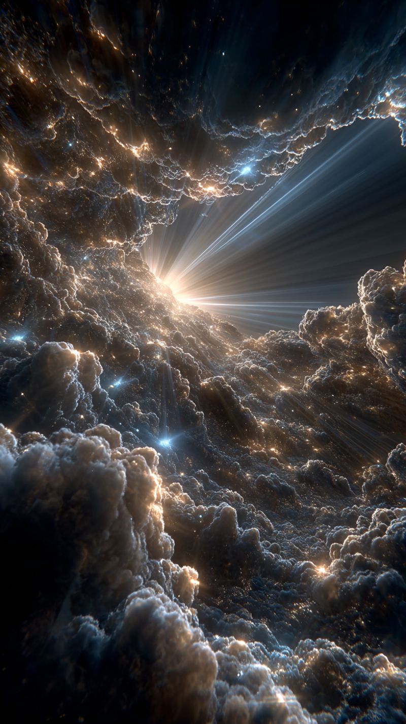 Nuages soleil rayons obscurite ciel luminosite reflexion ombre eclat etoile cosmos univers celeste astronomie galactique nebuleuse cosmique Vaste espace sombre rempli de nuages tourbillonnants, denses de gaz et de poussière. Des rayons lumineux, brillants, percent les nuages, illuminant la scène d'un doux éclat éthéré. Les nuages sont un mélange de bleus profonds, de gris et de blancs, créant un contraste dramatique contre le fond sombre. Les étoiles et les galaxies lointaines sont faiblement visibles, ajoutant au sentiment de profondeur et d'échelle. L'effet global est celui de l'émerveillement et de l'admiration, capturant la beauté et le mystère de l'univers.