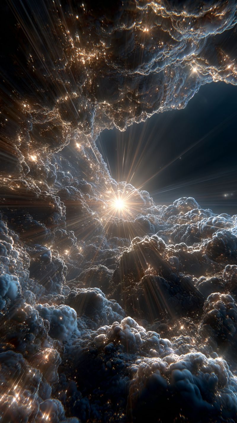 Espace cosmos galaxie etoile nebuleuse nuage astronomie univers celeste cosmique galactique astronomique stellaire cosmologie astrophysique Scène cosmique avec une étoile brillante et lumineuse au centre, entourée par une masse tourbillonnante de nuages sombres et denses. L'étoile émet une lumière chaude et dorée qui illumine les nuages environnants, projetant des motifs complexes de lumière et d'ombre. Les nuages semblent être composés de diverses nuances de bleu et de noir, avec certaines zones apparaissant plus translucides et d'autres plus opaques. L'effet global est celui d'une vaste étendue mystérieuse de l'espace, l'étoile servant de phare de lumière et d'espoir dans l'obscurité.