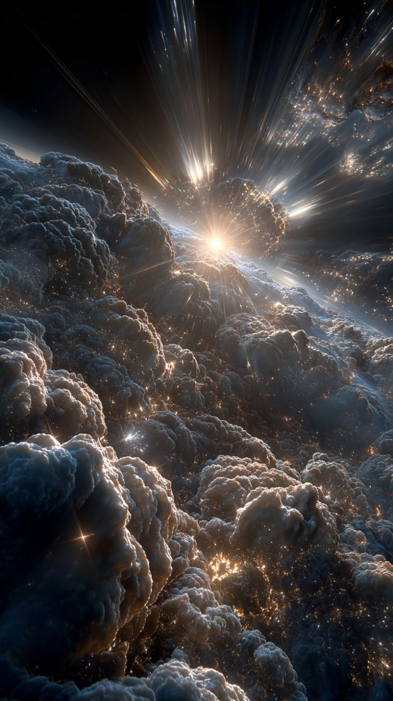 Espace nuages soleil explosion cosmos etoiles atmosphere galactique nebuleuse celeste astronomie univers cosmique Vaste ciel rempli de nuages avec une source lumineuse brillante et éclatante au centre. Les nuages sont denses et variés en forme, avec certains apparaissant plus sombres et d'autres plus clairs, suggérant de la profondeur et de la texture. La source lumineuse, probablement une étoile ou une planète, émet une lueur chaude et dorée qui illumine les nuages environnants, créant un contraste dramatique entre les zones lumineuses et sombres. La scène globale est placée sur un fond profond et sombre, améliorant la luminosité de la source lumineuse et les détails complexes des nuages.
