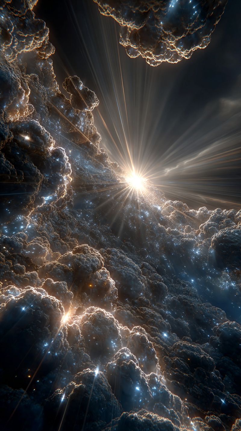 Space clouds sun stars cosmos universe nebula astronomy celestial galaxy starlight cosmic spacecraft astrophysics cosmology outer starry night explora vast, dark space filled with swirling, dense clouds of gas and dust. At the center, a bright, radiant star emits intense light, casting rays that pierce through the surrounding clouds. The star's light creates a dramatic contrast, illuminating parts of the clouds and highlighting their intricate, textured surfaces. The clouds appear to be in motion, with some parts illuminated brightly and others remaining in deep shadow. The overall scene is filled with a sense of depth and mystery, evoking the grandeur and complexity of the universe.