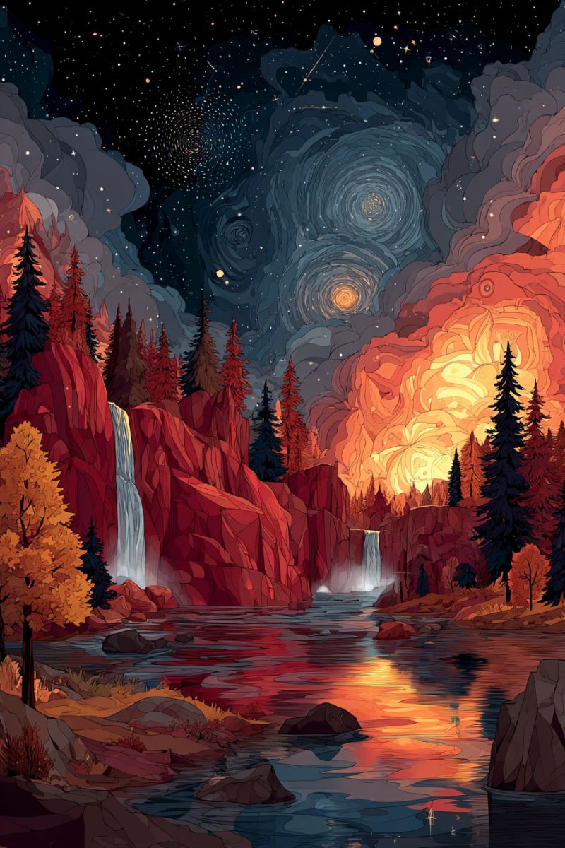 Night sky stars clouds mountains water trees forest rocks river waterfall reflection painting colorful nature serene and mystical landscape at night. The sky is a deep, dark blue, filled with stars and a prominent spiral galaxy. The galaxy is surrounded by swirling clouds that transition from dark blues to fiery oranges and yellows, creating a dramatic sunset effect. The foreground features a river with gentle ripples, reflecting the vibrant colors of the sky. On the left side, there is a waterfall cascading down red, rocky cliffs. The cliffs are adorned with evergreen trees, some of which have autumn leaves in shades of orange and yellow. The overall scene is peaceful and otherworldly, blending elements of nature with a touch of fantasy.