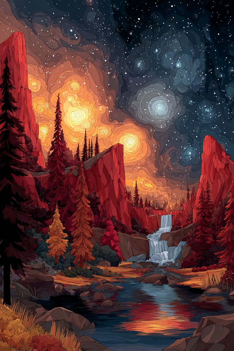 Night sky stars trees mountains water reflection forest rocks waterfall painting nature scenery outdoors colorful imaginative dreamlike serene landscape at dusk or dawn. In the foreground, there is a river with gentle ripples reflecting the warm colors of the sky. The river is surrounded by rocks and patches of grass. To the left, there are tall, dark green trees, while to the right, there are trees with a mix of red and orange leaves, indicating autumn. In the middle ground, there is a waterfall cascading down from a rocky cliff. The background features a dramatic sky with swirling patterns of orange and blue, suggesting either a sunset or sunrise. The sky is dotted with stars, adding to the mystical atmosphere. The overall scene is peaceful and picturesque, with a sense of tranquility and natural beauty.