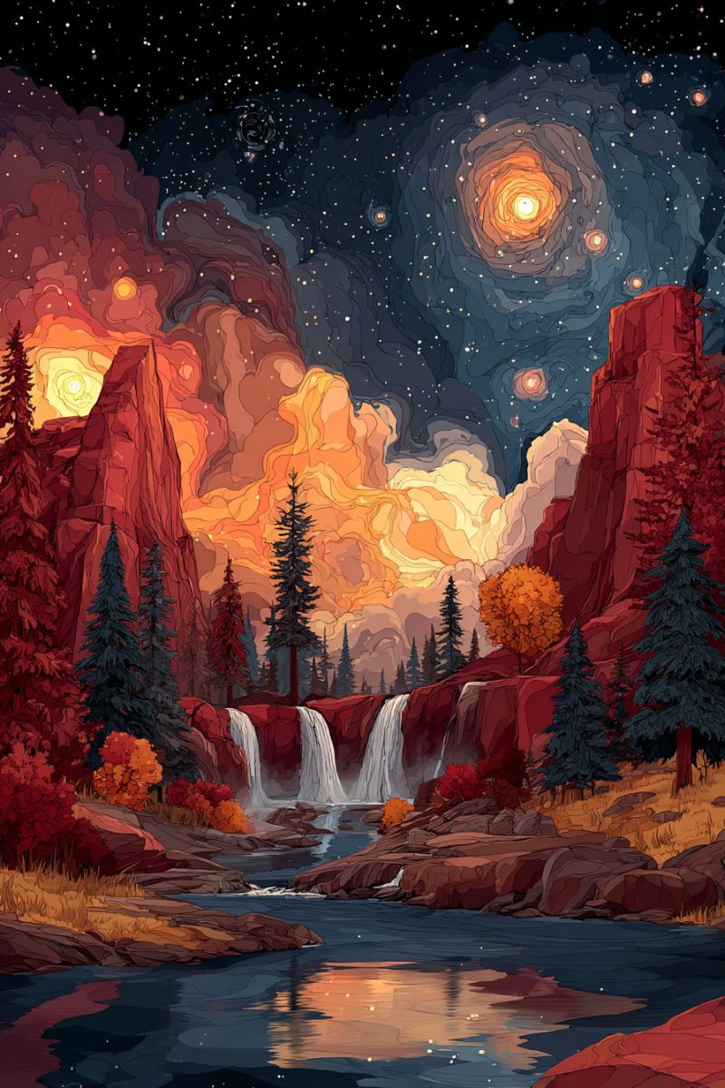 Watercolor night sky stars mountains trees waterfall river reflection autumn fall colorful painting nature scenery outdoors environment serene landscape at twilight. In the foreground, a river flows gently, reflecting the warm hues of the setting sun. The riverbanks are adorned with lush trees, some with vibrant red and orange leaves, adding a splash of color to the scene. A waterfall cascades gracefully into the river, its mist creating a soft, ethereal glow. The sky above is a captivating blend of deep blues and fiery oranges, with stars beginning to twinkle. In the distance, majestic red rock formations rise, their silhouettes contrasting beautifully against the sky. The overall atmosphere is tranquil and picturesque, evoking a sense of peace and natural beauty.