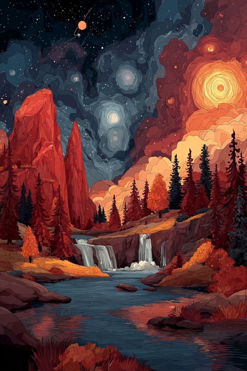 Nuit ciel etoiles montagnes arbres eau riviere automne foret rochers reflet nature Une illustration d'un paysage serein la nuit, présentant une rivière qui coule à travers une vallée entourée d'arbres. Les arbres sont un mélange de vert et de rouge, indiquant l'automne. La rivière a une cascade qui y dévale, avec des rochers et des plantes le long de ses rives. Le ciel est d'un bleu profond, parsemé d'étoiles et d'une planète orange proéminente. L'arrière-plan comprend un mélange de teintes rouges et orange, suggérant un coucher ou un lever de soleil. La scène globale est paisible et pittoresque, avec un sentiment de tranquillité et de beauté naturelle.
