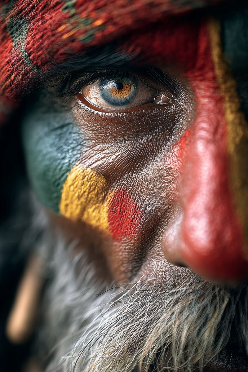 Eye man painting red yellow green beard skin texture expression A close-up view of a man's face with a striking and colorful face paint. The man has a long, white beard and mustache. His face is painted with a combination of red, yellow, and green colors. The red paint covers his cheeks and nose, while the yellow and green paint are on his forehead and around his eyes. His eyes are slightly open, and his gaze is directed to the left. The man's face is partially covered by a red and green cloth, which is tied around his head.