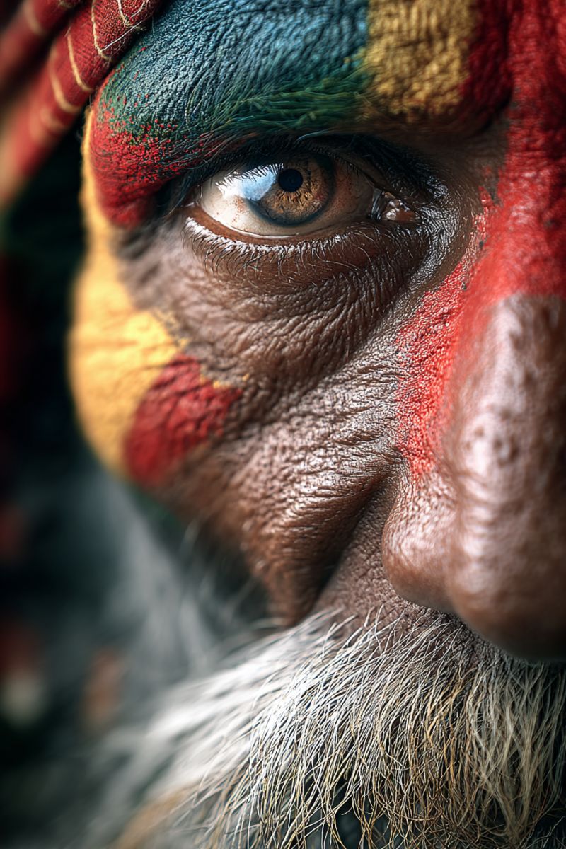 Eye skin beard man colorful pattern texture ethnic tribal traditional culture ritual ceremony paint makeup Un gros plan du visage d'un homme âgé, sa peau est profondément ridée et marquée de peinture multicolore vibrante. Son front et ses joues sont ornés de teintes rouges, jaunes et bleues, se mélangeant les unes aux autres dans un motif quelque peu abstrait. Son oeil est visible, avec une iris brun et une légère trace de blanc autour, donnant un sentiment de profondeur et de concentration. Son nez est proéminent et légèrement bulbeux, avec quelques rides autour des narines. Sa barbe et sa moustache sont blanches et épaisses, ajoutant à l'apparence robuste de son visage. L'arrière-plan est flou, concentrant l'attention sur les détails complexes de son visage et les couleurs vives de la peinture