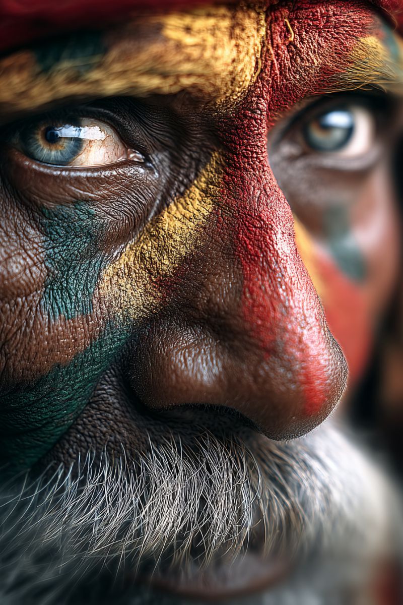 Homme oeil peau barbe rouge jaune vert bleu texture culture Une vue rapprochée du visage d'une personne avec un maquillage facial vibrant et coloré. Le maquillage facial comprend des nuances de rouge, jaune, vert et bleu, créant un motif saisissant et complexe. Les yeux de la personne sont visibles, un oeil montrant un reflet de lumière. La texture de la peau est détaillée, montrant les rides et la couleur naturelle de la peau sous le maquillage. Le nez est proéminent, avec le maquillage s'étendant jusqu'au bout et sur les côtés. Les cheveux de la personne sont visibles en bas, avec un mélange de mèches blanches et grises.
