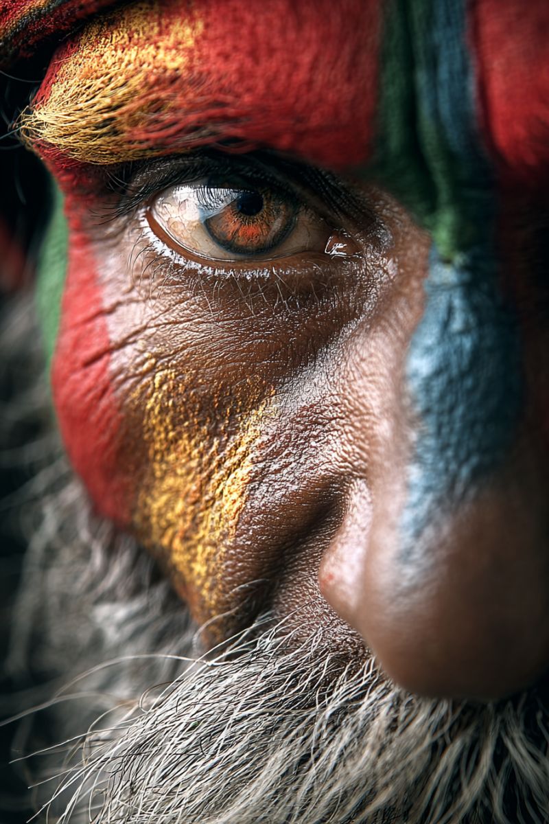 Eye man painting colorful red yellow blue green beard skin texture expression emotion Une vue rapprochée du visage d'une personne, mettant l'accent sur l'oeil et la zone environnante. La personne a une barbe et une moustache blanches, et son visage est peint avec des couleurs vives, notamment du rouge, du jaune et du bleu. L'oeil est légèrement ouvert, révélant une iris brun et une légère trace de larme. La peau de la personne semble ridée, et il y a un petit grain de beauté sur la joue. L'arrière-plan est sombre, et l'accent est mis sur le visage et l'oeil
