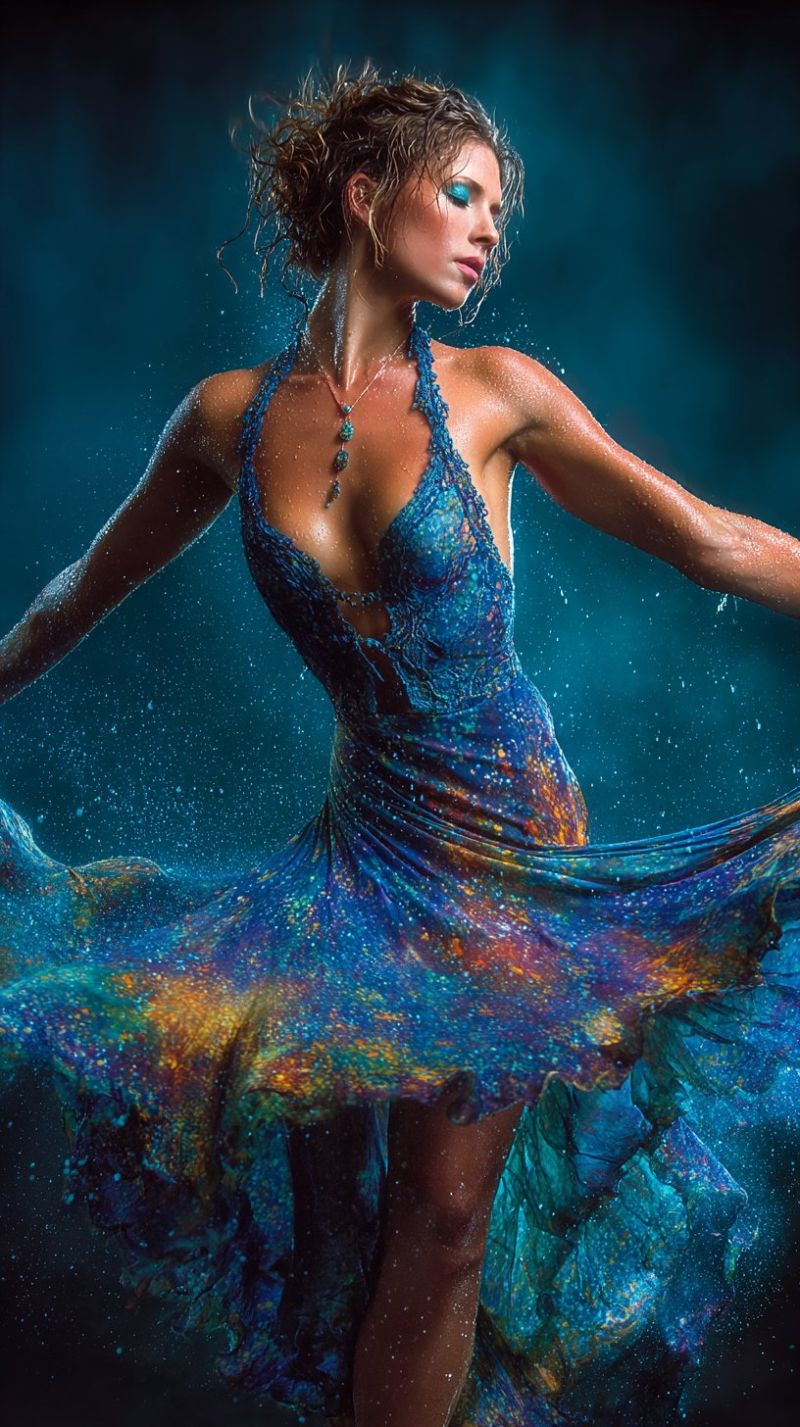 Femme robe beaute creatif elegant magnifique inspiration inspirant amour Une femme est capturée dans une pose dynamique, son corps légèrement plié et les bras étendus, comme si elle dansait ou performait. Elle porte une robe bleue et verte saisissante avec un décolleté en V profond et des détails de dentelle complexes. La robe semble être mouillée, avec des gouttes d'eau éparpillées autour d'elle, suggérant qu'elle pourrait être dans une séance photo sur le thème de l'eau. Ses cheveux sont mouillés et coiffés de manière à couler librement, ajoutant à l'effet dramatique. Elle a une expression sérieuse sur le visage, les yeux fixés vers l'avant. Le fond est d'un bleu profond, ce qui contraste avec les couleurs vives de sa robe.