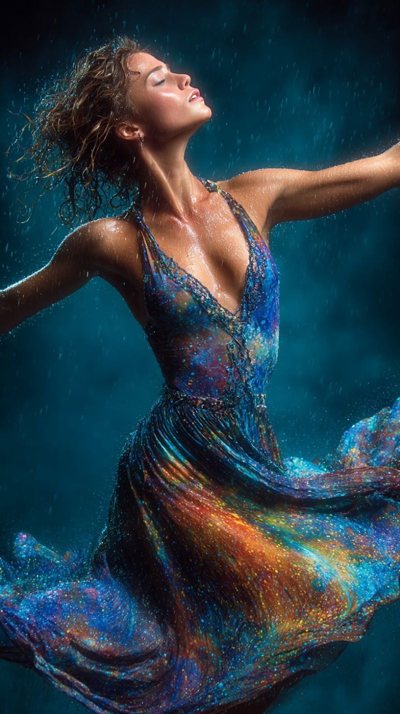 Woman dress rain wet water fashion beauty colorful sparkle glitter sparkling glittery A woman is dancing in the rain, her body moving gracefully. She wears a vibrant, multicolored dress that shimmers with tiny sparkling particles, giving it a magical, ethereal quality. Her hair is wet and windswept, and her arms are outstretched, creating a sense of freedom and joy. The background is a deep blue, with raindrops falling around her, adding to the dynamic and lively atmosphere of the scene.