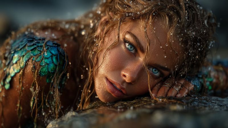 Woman wet sea mermaid wetsuit woman lying on a large rock, her body partially submerged in water. She has long, wavy hair that is wet and appears to be a deep brown color. Her face is turned to the side, and she has striking blue eyes. She is wearing a mermaid-like costume that covers her upper body, featuring a mix of blue and green scales that shimmer with water droplets. Her left arm is resting on the rock, while her right hand is gently touching her cheek. The water around her is clear, and there are droplets on her skin and hair, adding to the aquatic theme.