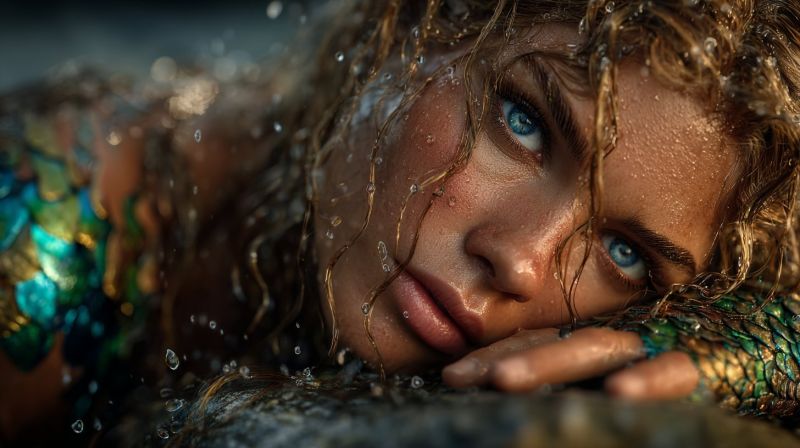Femme mouillee eau mer ocean algue peau Femme allongée sur un rocher, possiblement dans un cadre marin ou océanique. Elle a de longs cheveux ondulés qui sont mouillés et semblent être de couleur dorée. Son visage est orné de gouttelettes d'eau, et ses yeux sont d'un bleu saisissant. Elle porte un vêtement à motifs vert et bleu qui ressemble à une queue de sirène, avec des designs complexes qui imitent des écailles. Son expression est sereine, et elle regarde sur le côté avec un léger sourire. L'arrière-plan est légèrement flou, suggérant un environnement aquatique naturel.