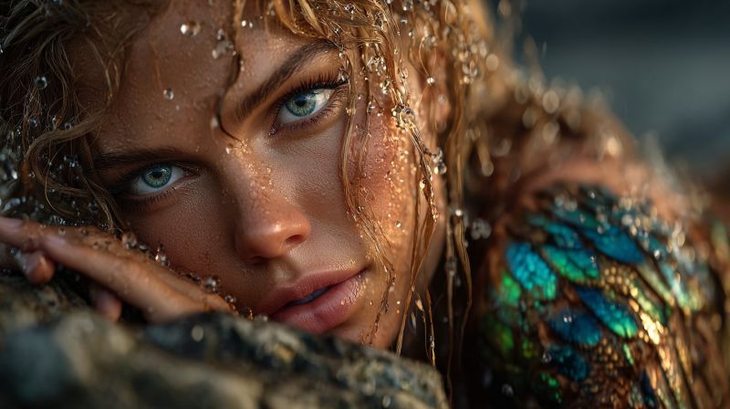 Femme mouillee eau mer ocean Femme aux yeux bleus saisissants et aux cheveux mouillés et bouclés ornés de gouttes d'eau. Elle s'appuie contre un rocher, son visage partiellement couvert par sa main. Sa peau brille d'eau, et elle porte un costume scintillant et iridescent qui ressemble à des écailles, principalement dans les tons de bleu et de vert. Le fond est sombre, suggérant un cadre sous-marin ou mystique.