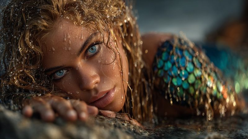 Femme mouilles eau mer ocean coquillage bijouterie collier boucle oreille joyau beaute accessoire Une femme aux cheveux blonds bouclés est allongée sur un rocher, possiblement dans l'océan. Elle porte un costume de sirène avec un design multicolore et iridescent sur son côté droit. Ses cheveux sont mouillés, et des gouttes d'eau sont éparpillées sur son visage et ses cheveux. Elle regarde vers la gauche avec sa main droite posée sur le rocher, et sa main gauche est sur sa joue. L'arrière-plan est flou, suggérant un plan d'eau.