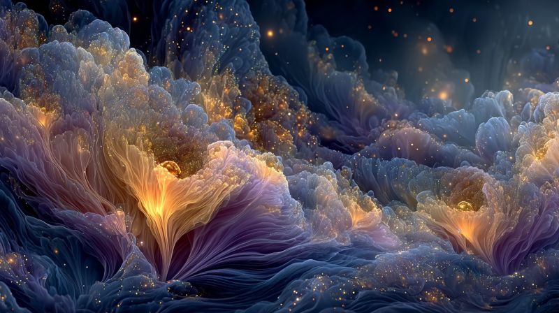 Blue bright cloud cosmos dark design dream fantasy flower flowers fractal glow golden surreal, abstract landscape with a dominant color palette of deep blues, purples, and yellows. There are large, undulating forms that resemble clouds or waves, with intricate, feathery textures that give the impression of movement. Embedded within these forms are glowing, golden orbs that emit a soft, warm light, contrasting with the cooler tones of the background. The overall effect is dreamlike and otherworldly, with a sense of depth and complexity that invites exploration.