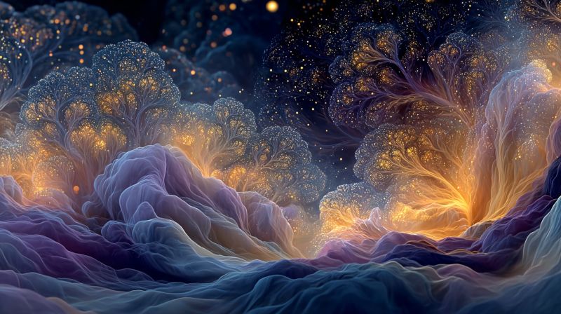 Blue clouds colorful concept fantasy fractal glow glowing imagination night purple sky space surreal landscape with a dark, starry sky. In the foreground, there are large, undulating forms that resemble clouds or waves, colored in shades of blue, purple, and yellow. These forms are intricately detailed, with a delicate, almost ethereal texture. Interspersed among these forms are branching structures that look like trees or coral, glowing softly with a golden light. The branches are adorned with small, sparkling lights that resemble stars or fireflies. The background is a deep, dark blue, dotted with numerous tiny, glowing points of light, adding to the mystical atmosphere. The overall effect is one of a dreamlike, otherworldly environment, blending elements of nature and fantasy.