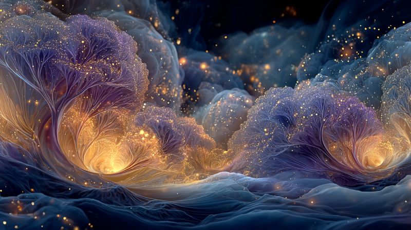 Blurriness bright cloud dark design fantasy glow glowing imagination pattern surreal and abstract scene with a dominant color palette of deep blues, purples, and golds. There are large, swirling forms that resemble clouds or nebulae, with intricate, branching structures that look like tree roots or veins. These structures are illuminated by scattered, glowing lights that add a mystical and ethereal quality to the scene. The background is dark, enhancing the contrast and making the glowing elements stand out. The overall effect is one of a fantastical, otherworldly landscape, possibly representing a dream or a vision.