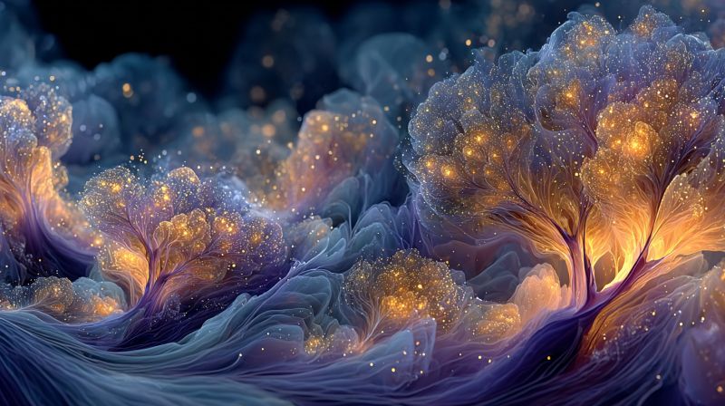 Blurriness blue colorful fantasy fire flame glow glowing golden lightness purple ray surreal landscape filled with abstract, glowing trees. These trees have a delicate, almost ethereal appearance, with branches that seem to float and intertwine in a dreamlike manner. The trees are illuminated by a soft, golden light, creating a warm and inviting atmosphere. The background is a deep, rich blue, with hints of purple and gold that blend seamlessly into the trees. The overall effect is one of tranquility and wonder, as if the viewer is gazing upon a magical, otherworldly forest.