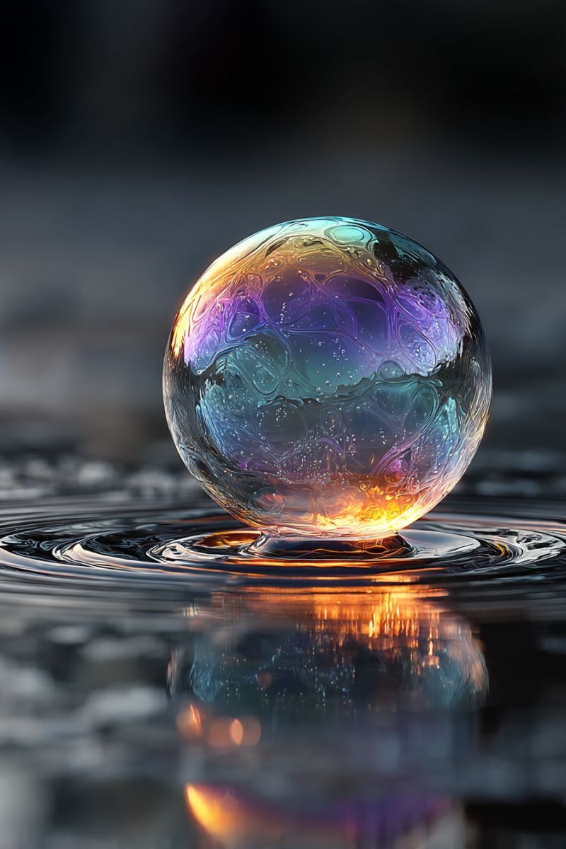 Bubble water reflection surface droplet colorful pattern texture liquid A large, colorful soap bubble floats on a dark, wet surface, reflecting light in a rainbow of colors. The bubble is almost perfectly round, with a smooth, glossy surface that shows intricate patterns of light and color. The bubble's colors shift from deep purples and blues to bright yellows and oranges, creating a mesmerizing effect. The bubble is surrounded by a dark, possibly wet background, with faint ripples in the water suggesting it is floating on a puddle or a wet surface. The reflection of the bubble on the water adds to the surreal and magical quality of the image.