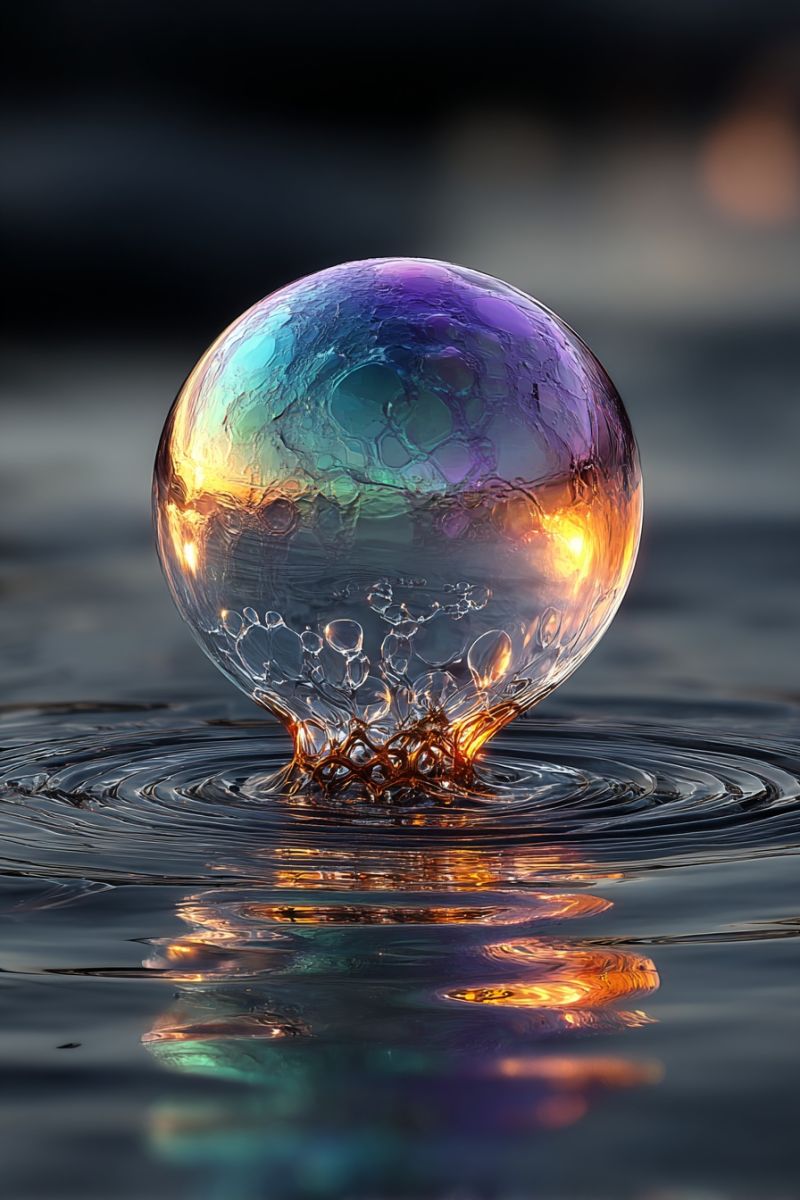 Bubble water reflection droplet A vibrant, colorful soap bubble floats in the air, just above the surface of a calm body of water. The bubble is filled with a mix of purple, blue, and green hues, with a golden glow at its center. The bubble is surrounded by tiny droplets of water, and the water below reflects the bubble's colors, creating a mesmerizing and surreal effect. The background is dark, with a hint of light in the distance, possibly from the setting sun.