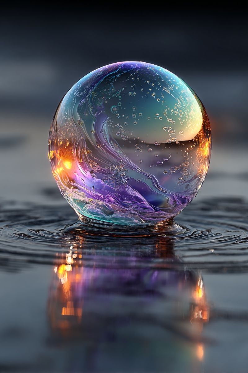 Water reflection bubble beautiful bright bubbles clear colorful droplet A large, colorful glass sphere floats in water, reflecting vibrant colors of purple, blue, and yellow. The sphere has a smooth, glossy surface with tiny bubbles trapped inside, adding to its mystical appearance. The water around the sphere is calm, with gentle ripples that mirror the colors of the sphere. The background is dark, enhancing the contrast and making the sphere and its reflections stand out.