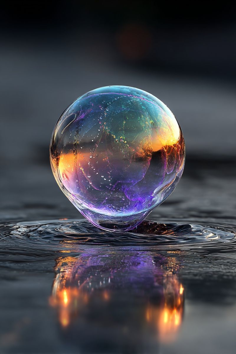 Bulle eau reflet goutte Une grosse bulle de savon colorée flotte à la surface d'un plan d'eau. La bulle est remplie de gouttelettes d'eau et a une teinte semblable à un arc-en-ciel, avec des nuances de violet, de bleu et de vert. La surface de la bulle est légèrement déformée, et elle semble flotter sur l'eau. L'eau sous la bulle est sombre, et le reflet de la bulle peut être vu à la surface de l'eau. L'arrière-plan est sombre, et il semble qu'il s'agisse d'un coucher de soleil ou d'un lever de soleil.
