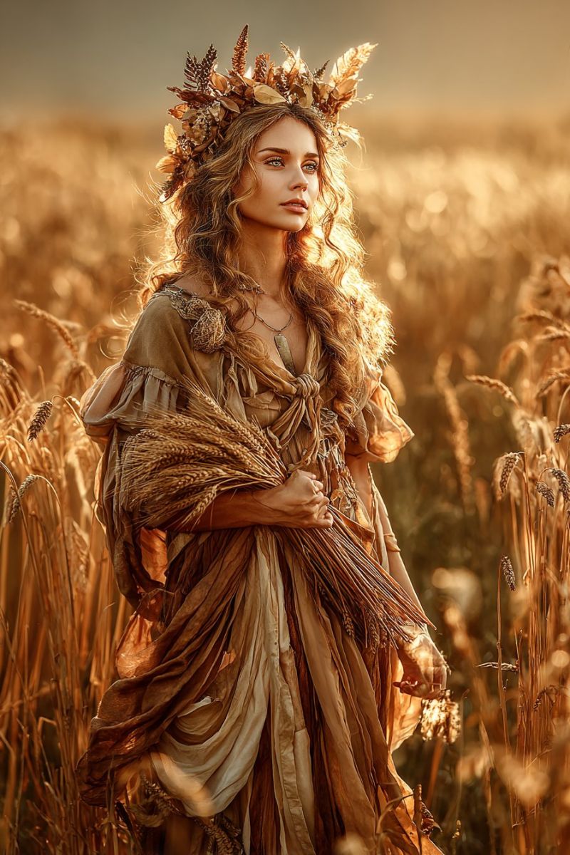 Woman field wheat dress crown nature autumn harvest beauty fashion outdoors shadow texture grain golden hour A woman stands in a golden wheat field, her long curly hair cascading down her back. She wears a flowing dress made of layered, earthy-toned fabrics, and a crown of dried leaves and wheat. She holds a bundle of wheat in her arms, and her expression is serene and contemplative. The wheat field stretches out behind her, with the sun casting a warm, golden light over the scene.
