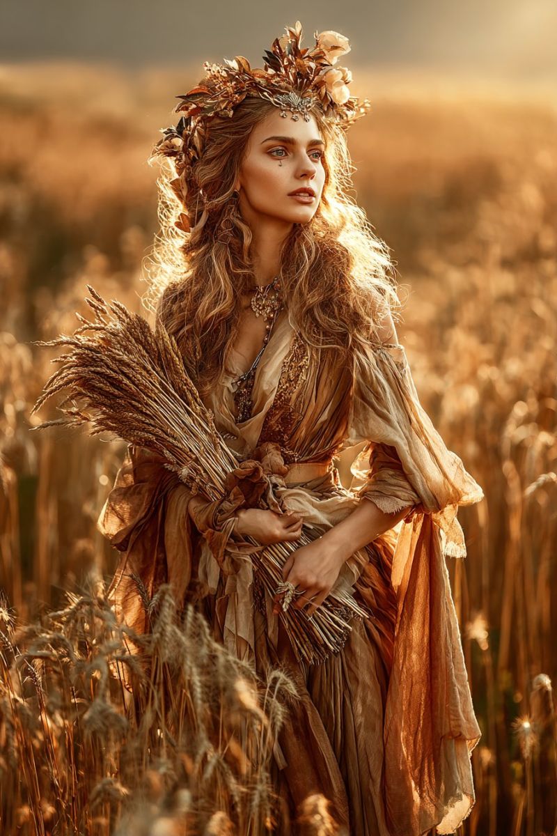 Woman field wheat dress crown nature outdoors fashion beauty elegance harvest autumn bokeh golden hour A woman stands in a golden wheat field, her long, wavy hair adorned with a crown of golden leaves and flowers. She wears a flowing, earthy-toned dress with intricate gold embroidery, and a necklace with a pendant. She holds a bundle of wheat in her arms, her expression serene and contemplative. The sun casts a warm, golden light over the scene, highlighting the rich colors and textures of the wheat and the woman's attire.