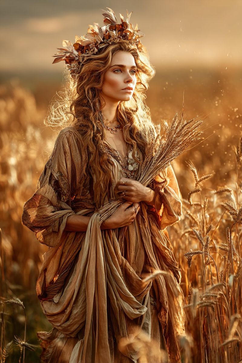 Femme champ ble couronne robe nature automne recolte beaute elegance air dore heure Une femme se tient dans un champ de blé doré, ses longs cheveux ondulés tombant sur son dos. Elle porte une robe fluide aux tons terreux ornée de détails complexes et une couronne de feuilles dorées. Dans ses mains, elle tient un faisceau de blé, et son regard est dirigé vers la droite. L'arrière-plan est d'une douce teinte dorée, et le blé ondule doucement dans la brise.