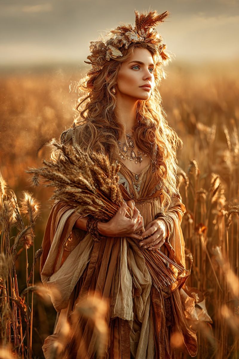Femme champ ble robe couronne bijoux boucles oreilles collier bandeau fleurs soleil automne recolte nature Une femme se tient dans un champ de blé doré, ses longs cheveux blonds ondulés tombant sur son dos. Elle porte une robe fluide aux tons de terre ornée de broderies complexes et un collier de perles dorées. Sa tête est couronnée d'une couronne de blé et de feuilles, et elle tient un bouquet de blé dans ses bras. Le soleil projette une lumière chaude et dorée sur la scène, mettant en valeur les riches couleurs du blé et l'expression sereine de la femme.