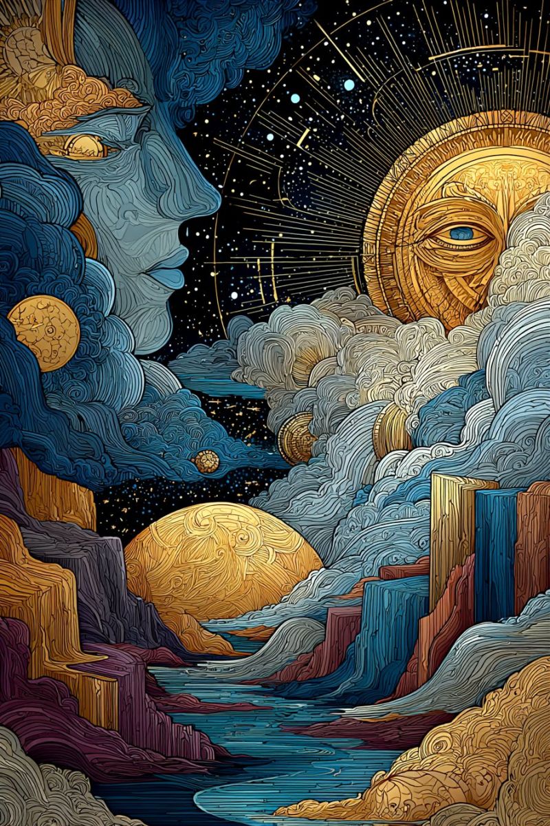 Painting fantasy imagination space cosmos universe clouds water mountains rocks gold blue yellow eye starry night Paysage surréaliste avec un grand visage détaillé sur le côté gauche, composé de motifs bleus et dorés tourbillonnants qui ressemblent à des nuages et des cheveux. Le visage a un oeil doré avec une iris bleue, et le fond est un ciel bleu profond rempli d'étoiles et un grand soleil doré avec un oeil bleu au centre. Le soleil est entouré d'un cercle doré avec des motifs complexes. En dessous du visage, il y a une rivière qui coule à travers une vallée avec des falaises rocheuses et une petite lune ronde dans le ciel. La scène globale est riche en couleurs et en détails, avec un mélange de formes organiques et géométriques