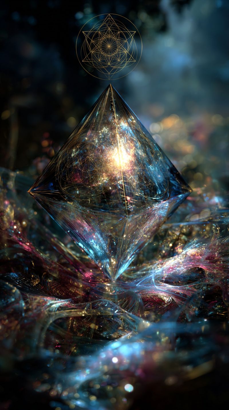 Diamant cristal geometrique reflexion design texture etincelle brillance eclat lueur futuriste illusion profondeur complexite Un grand cristal aux facettes, semblable à un diamant, est le point focal de l'image, brillant d'une lumière intérieure qui reflète un spectre de couleurs incluant le bleu, le violet et l'or. Le cristal est placé sur un fond sombre et flou qui semble être un mélange de bleus et de violets profonds. Au-dessus du cristal, il y a un motif géométrique doré et complexe qui ressemble à une étoile ou à un mandala, ajoutant à l'atmosphère mystique et éthérée de la scène. L'effet global est celui de profondeur et de complexité, avec le cristal et son environnement qui semblent scintiller et se déplacer subtilement.