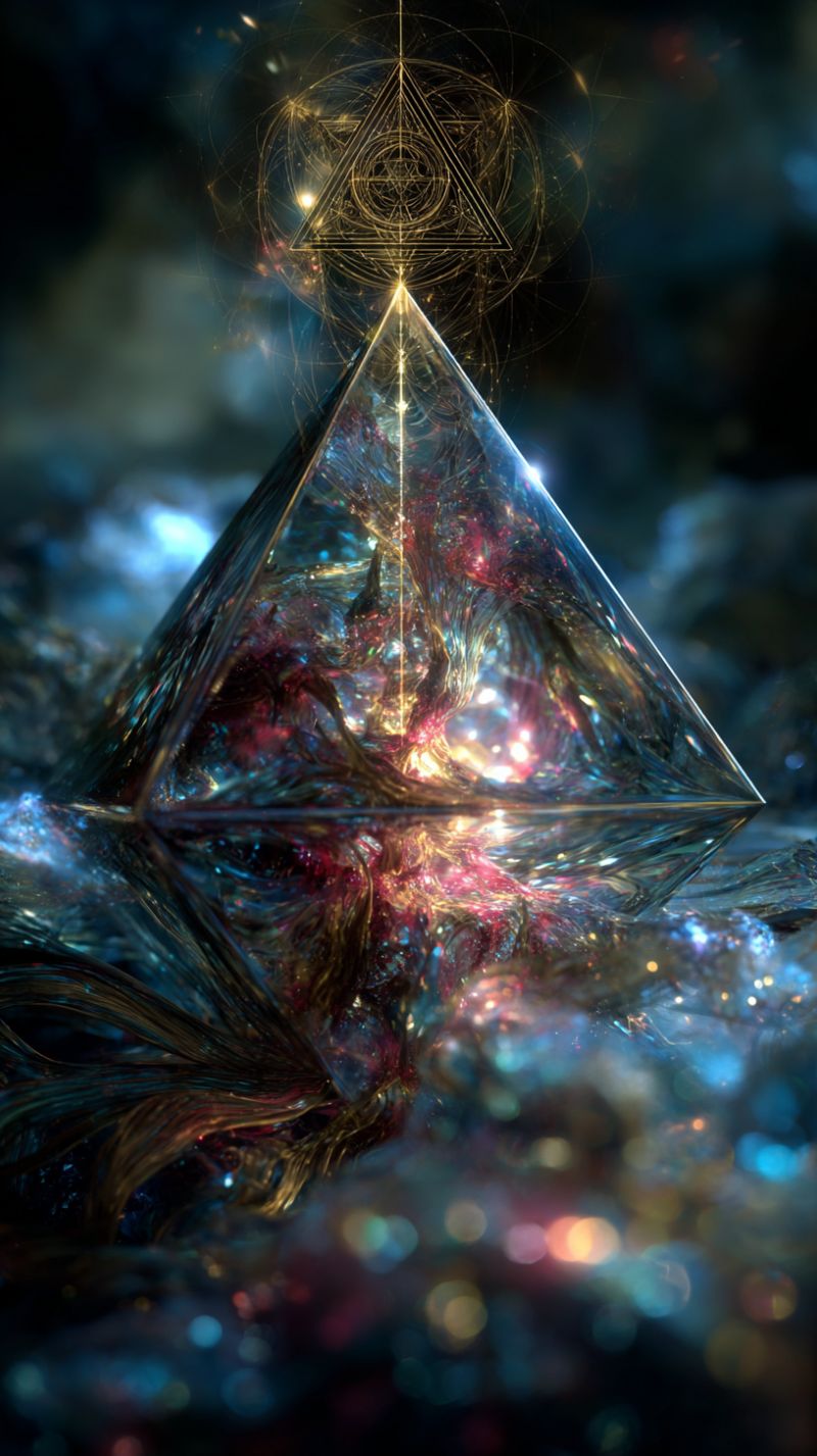 Crystal pyramid reflection geometric design colorful texture pattern fractal illusion depth space energy mystical ethereal A large, clear glass pyramid sits at the center, its facets reflecting a spectrum of colors from deep blues and purples to warm reds and yellows. Above the pyramid, a golden triangle with intricate patterns and a glowing center hovers, surrounded by a web of glowing lines. The background is a deep, dark blue, dotted with faint, sparkling lights that seem to float in space. The pyramid's base is reflected on the surface below, creating a mirrored effect that adds depth to the image.