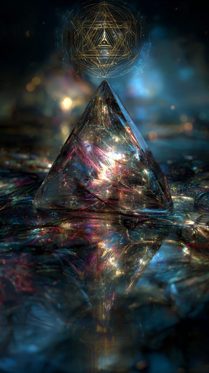 Crystal diamond geometric reflection refraction sparkle bright colorful design glow A large, clear crystal sits atop a dark, shimmering surface. The crystal is multifaceted, reflecting a spectrum of colors including blues, purples, and pinks. Above the crystal, a golden geometric pattern, resembling a star or a mandala, floats. The background is a deep blue, with faint, glowing lights scattered throughout, creating a mystical and ethereal atmosphere. The crystal's reflection on the surface below it adds depth and dimension to the image.