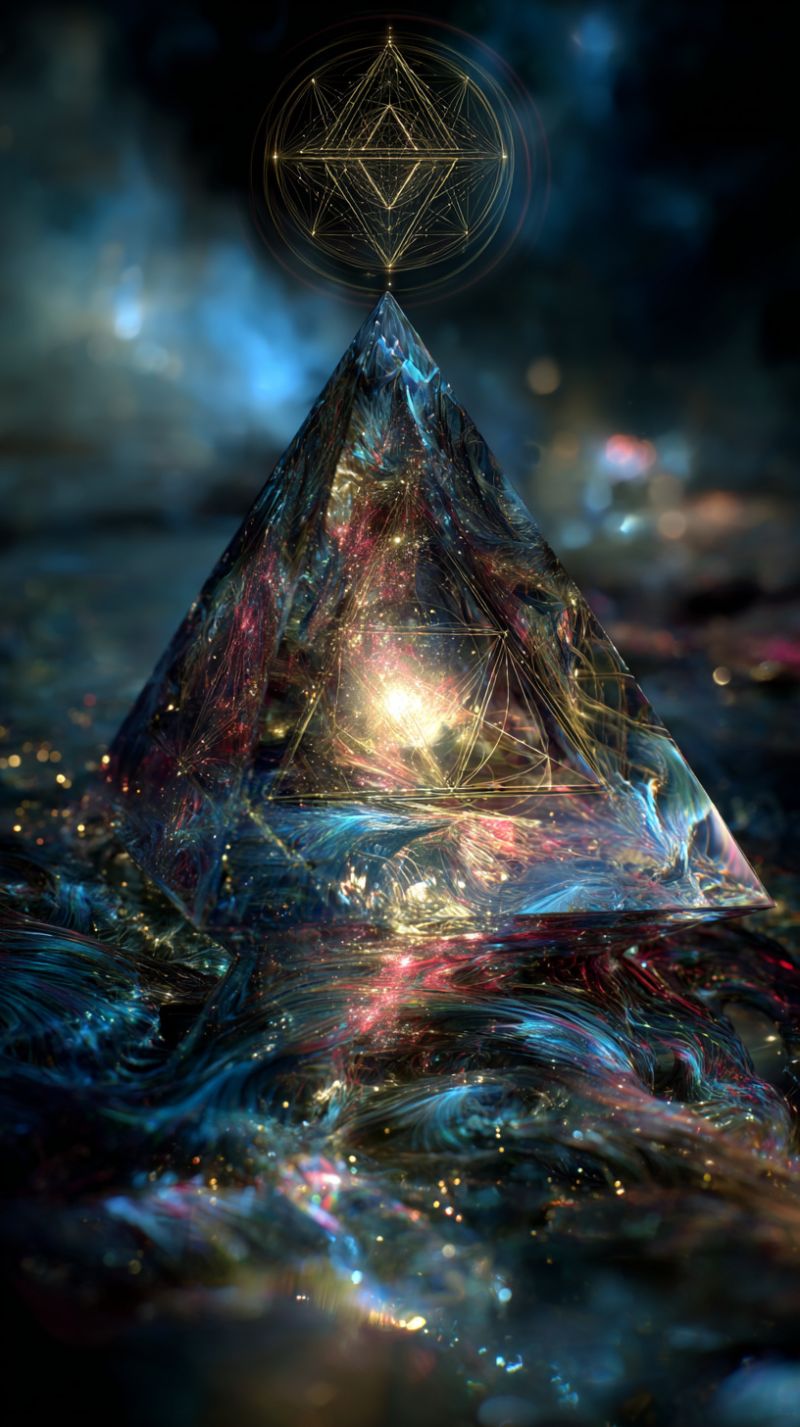 Crystal pyramid reflection geometric design colorful water waves ripples depth illusion fantasy mystical ethereal energy A large, clear, and multifaceted crystal pyramid stands at the center, glowing with an inner light that reflects vibrant colors of blue, red, and gold. The pyramid is surrounded by a circular pattern of golden lines forming a star-like shape, adding to its mystical appearance. The background is a deep, dark blue with hints of light blue and red, creating a sense of depth and mystery. The overall effect is one of a radiant, otherworldly object floating in a dark, ethereal space.