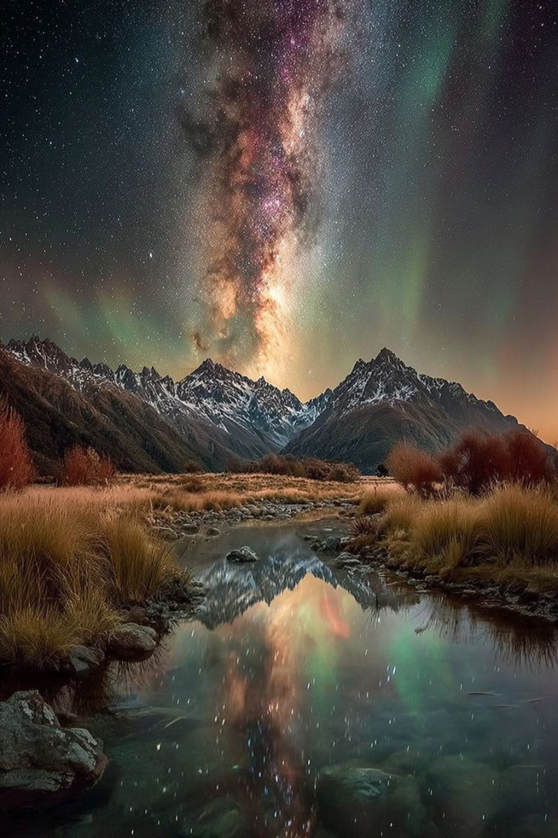 Mountains water reflection stars clouds aurora nature sky grass rocks trees bushes snow dark colorful beauty night milky way breathtaking night scene featuring a mountain range with snow-capped peaks under a star-studded sky. The Milky Way galaxy is prominently visible, stretching across the sky with a rich, colorful display of stars and nebulae. The sky is a deep, dark blue, contrasting with the vibrant colors of the Milky Way. The foreground shows a serene river or stream with calm, reflective water that mirrors the celestial wonders above. The water is clear, allowing the reflection of the stars and the Milky Way to be seen. The landscape is surrounded by patches of grass and small shrubs, adding to the natural beauty of the scene. The overall atmosphere is tranquil and awe-inspiring, capturing the majesty of the night sky and the peacefulness of the natural environment.