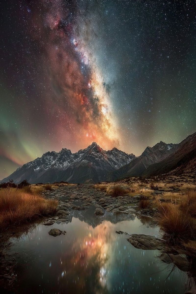Montagnes lac reflet etoiles nuages eau nature air ciel arbres herbe rochers aurore astronomie nuit voie lactee L'image présente un ciel nocturne à couper le souffle rempli de la galaxie de la Voie lactée, ses étoiles et ses nébuleuses créant un époustouflant spectacle céleste. L'avant-plan met en scène un corps d'eau serein, reflétant les couleurs vibrantes du ciel et la silhouette d'une chaîne de montagnes au loin. Les montagnes sont couvertes de neige, ajoutant à l'atmosphère sereine et majestueuse. Le ciel est d'un bleu profond et sombre, avec des touches de vert et de rouge provenant de l'aurore boréale, rehaussant la qualité magique de la scène.