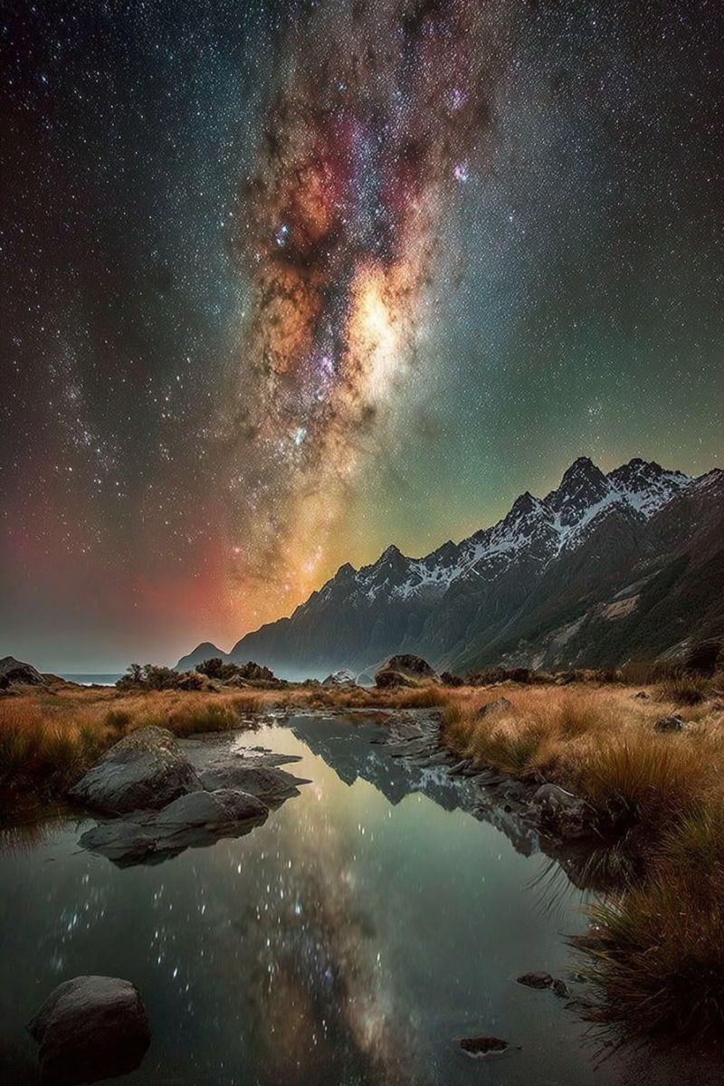 Etoiles montagnes reflexion eau nature air ciel nuages horizon arbres rochers herbe vallee mer rivage coucher soleil nuit voie lactee montagne massif Scène nocturne à couper le souffle mettant en vedette la galaxie de la Voie lactée de manière proéminente dans le ciel. La galaxie est vivement affichée avec un riche éventail de couleurs, incluant des nuances d'orange, de rose et de violet, créant un impressionnant spectacle céleste. Le ciel nocturne est parsemé de nombreuses étoiles, ajoutant à l'atmosphère magique. Au premier plan, il y a un corps d'eau serein, peut-être un lac ou une rivière, reflétant les couleurs vibrantes de la Voie lactée. L'eau est calme, avec de douces ondulations qui reflètent les étoiles et la galaxie. Sur le côté gauche de l'image, il y a des rochers et de la végétation, tandis que sur la droite, il y a une zone herbue. En arrière-plan, des montagnes majestueuses sont visibles, leurs sommets partiellement couverts de neige, ajoutant à la grandeur du paysage. La scène globale est tranquille et impressionnante, capturant la beauté de la nature sous le ciel nocturne.