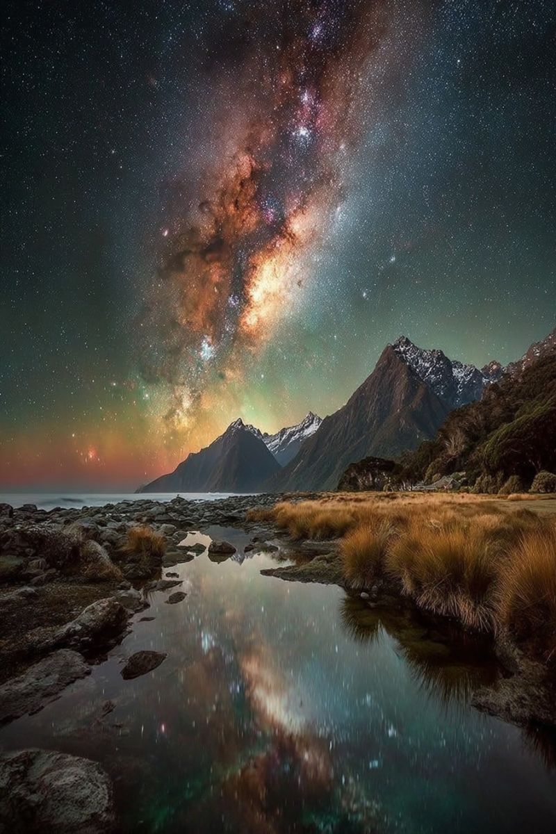 Mountains lake reflection water stars clouds rocks grass trees sunset nature outdoors sky astronomy travel adventure night milky way The image showcases a breathtaking night scene with a vast, dark sky filled with stars and the Milky Way galaxy prominently displayed. The galaxy's light stretches across the sky, casting a soft glow. In the foreground, a serene body of water reflects the celestial display, mirroring the stars and the Milky Way. The water is calm, with gentle ripples. On the left side, there are rocks and patches of grass, while on the right, the landscape transitions into a grassy area with some trees. In the distance, majestic mountains rise, their peaks dusted with snow, adding to the grandeur of the scene.