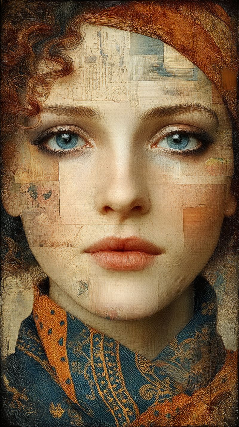 Beaute bleu composition oeil feminin fille rouge fin Portrait rapproché d'une femme aux yeux bleus saisissants et aux cheveux roux bouclés. Son visage est orné de diverses textures et motifs, donnant l'impression d'être composé de différents matériaux comme du papier, du tissu et de la peinture. L'arrière-plan derrière son visage est un collage de différentes textures et couleurs, ajoutant de la profondeur et de la complexité au portrait. Elle porte un foulard autour de son cou, mélange de bleu et d'orange avec des motifs complexes. Ses lèvres sont peintes dans une teinte rose douce, et elle arbore un léger sourire. L'effet global est surréaliste et artistique, mélangeant réalité et éléments abstraits.