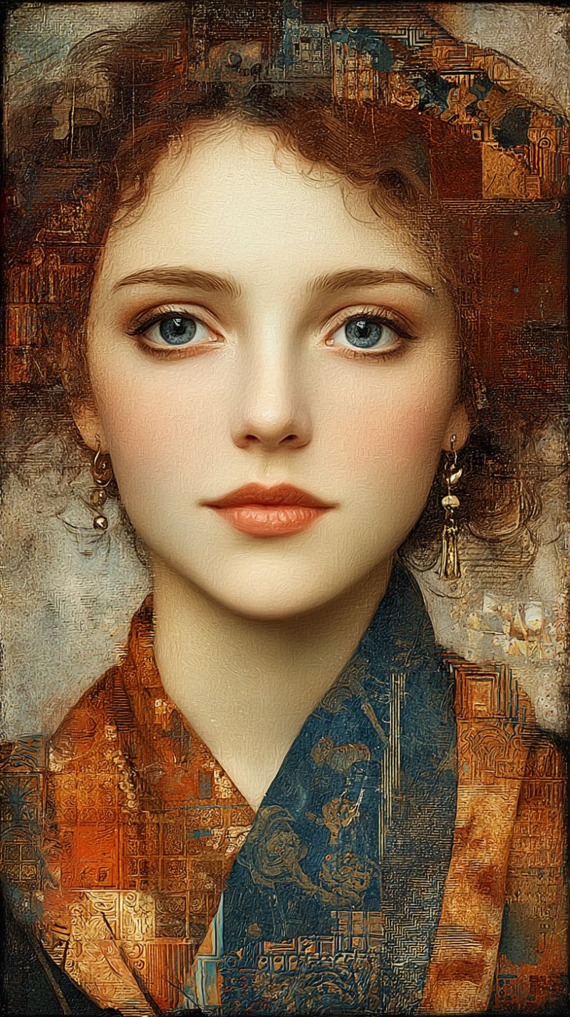 Femme beaute boucles oreilles bijoux accessoires maquillage yeux sourcils texture Un portrait d'une femme aux yeux bleus saisissants et à l'expression sereine. Ses cheveux sont coiffés en ondes lâches, tombant en cascade sur ses épaules. Elle porte un foulard à motifs bleu et or autour de son cou, ajoutant une touche d'élégance. Le fond est un mélange de tons chauds et froids, avec des motifs complexes qui semblent se déplacer et changer, créant un sentiment de profondeur et de mouvement. L'effet global est à la fois intemporel et moderne, capturant l'essence du sujet avec une touche artistique unique.