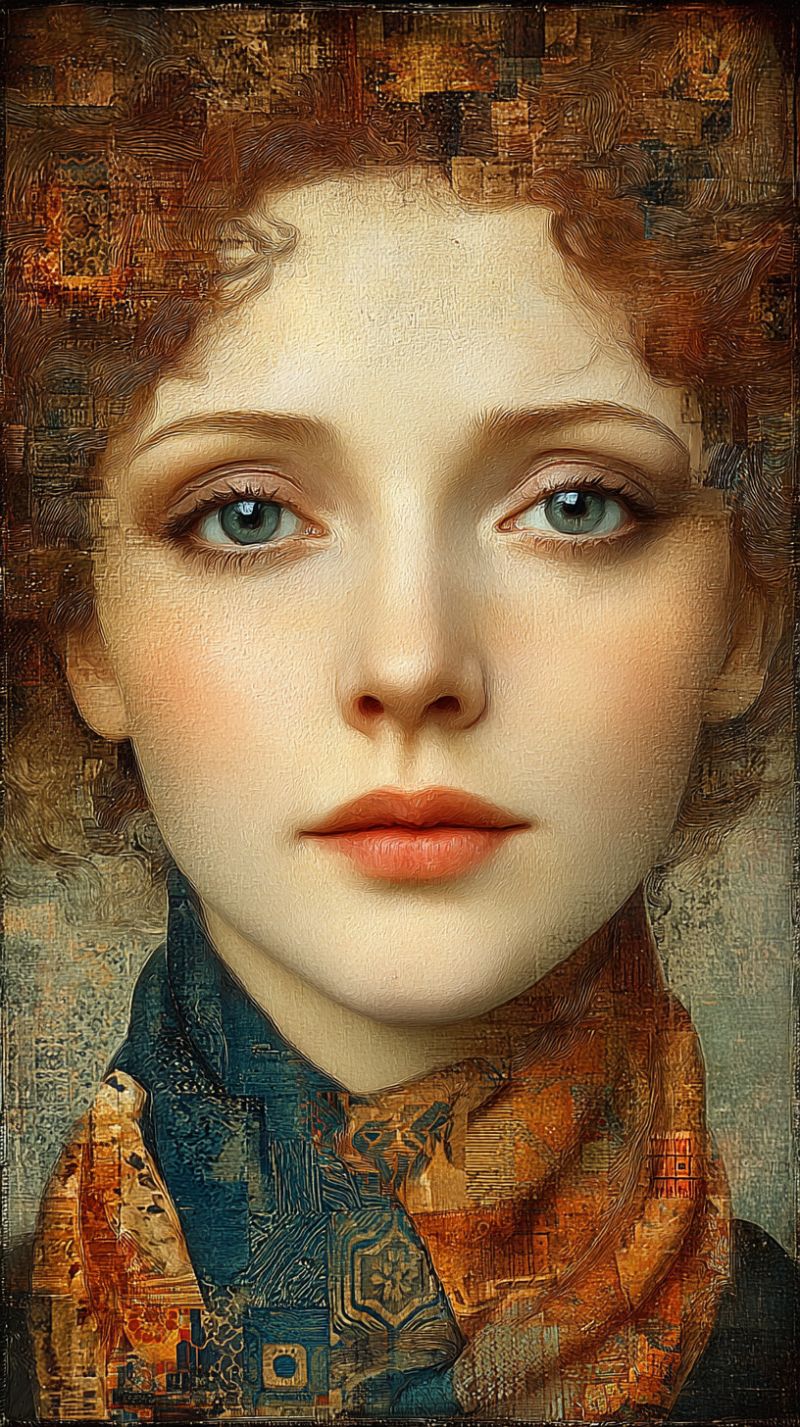 Femme visage oeuvre Portrait rapproché d'une femme aux yeux bleus saisissants et aux cheveux bruns bouclés. Son visage est peint dans un style doux et réaliste, capturant les traits délicats de son visage. Elle porte un foulard autour de son cou, orné de motifs complexes dans des nuances de bleu et de brun. L'arrière-plan derrière elle est un mélange de formes abstraites et de textures, ajoutant de la profondeur et de l'intérêt à la composition. L'effet global est à la fois détaillé et artistique, avec un accent mis sur le visage expressif de la femme et le design unique de son foulard.