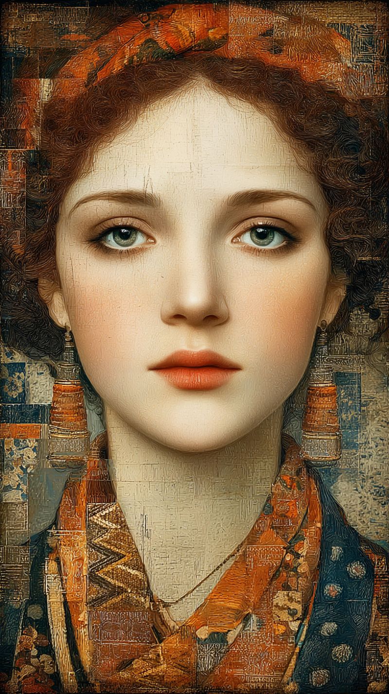 Femme beaute elegance rousse boucles oreilles collier bijoux tenue habit costume robe Femme aux cheveux bouclés et foncés coiffés de manière à encadrer son visage. Elle a une expression sereine, les yeux légèrement ouverts et les lèvres peintes d'une douce nuance de rouge. Sa peau a une texture lisse, presque porcélaine, et elle porte un vêtement traditionnel aux motifs et dessins complexes. L'arrière-plan est un mélange de couleurs vives et de formes géométriques, créant un contraste visuel saisissant avec le visage de la femme.