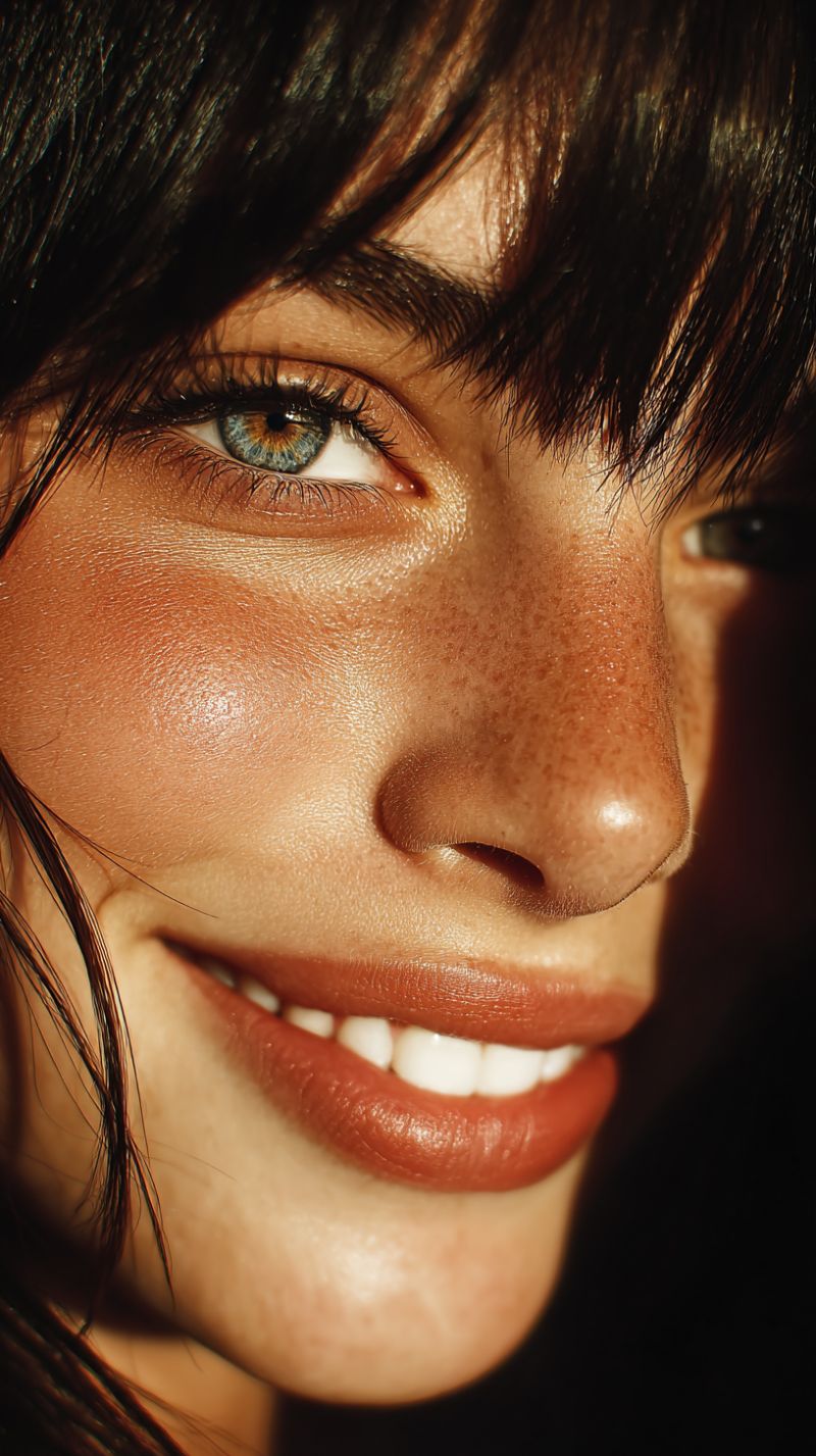 Peau taches rousseur oeil sourire beaute maquillage naturel soin Un gros plan sur le visage d'une femme aux cheveux courts et foncés avec un sourire chaleureux et invitant. Sa peau a un éclat naturel et doré avec des taches de rousseur visibles sur ses joues et son nez. Ses yeux sont en forme d'amande avec de longs cils foncés, et ils ont un mélange de teintes bleues et vertes. Ses lèvres sont pleines et légèrement entrouvertes, révélant des dents blanches et droites. La lumière met en valeur ses traits, lui donnant une apparence radieuse et juvénile.