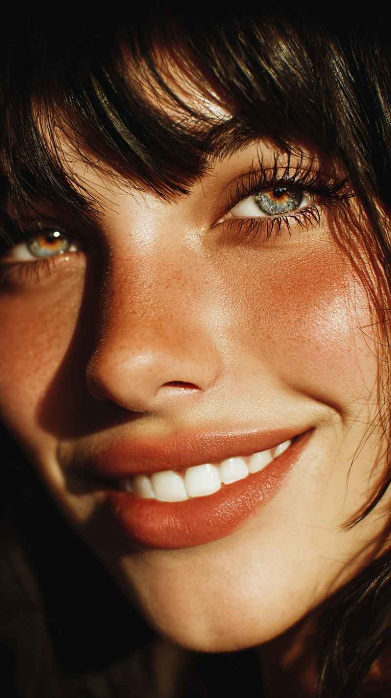 Peau sourire oeil Un gros plan du visage d'une femme avec une lumière chaude et dorée illuminant ses traits. Elle a des cheveux foncés et ondulés qui tombent autour de son visage, encadrant ses traits. Ses yeux sont en forme d'amande avec de longs cils foncés, et elle a un léger sourire qui montre ses dents. Sa peau a un éclat naturel et hâlé, et il y a quelques taches de rousseur sur ses joues. La lumière met en valeur ses pommettes et l'arête de son nez, lui donnant un aspect radieux et juvénile.