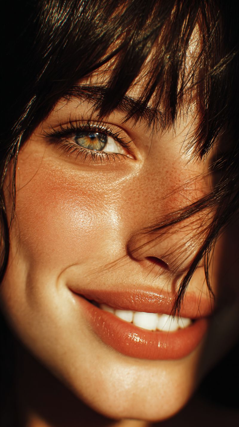 Skin eye smile lips nose cheek eyebrow freckle beauty glamour makeup natural fashion A close-up of a woman's face with short, dark hair. Her eyes are brown with long, dark lashes, and she has a slight smile on her face. Her lips are pink and glossy, and her skin has a natural, sun-kissed glow. The background is blurry, and the light is focused on her face, highlighting her features.